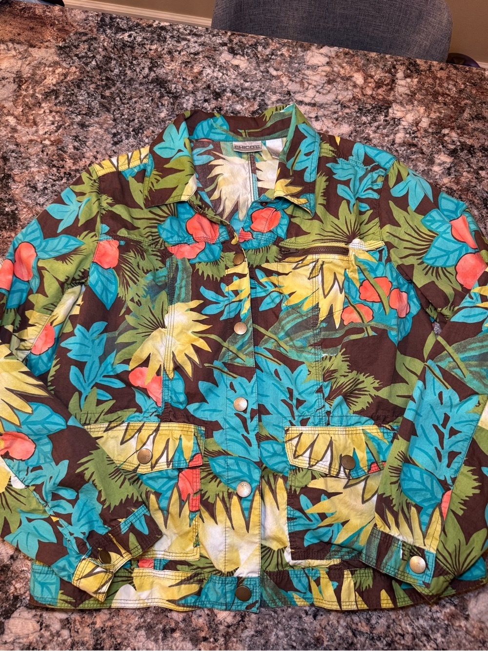 Chico's Green, Teal & Brown Tropical Print Top - Picture 3 of 6